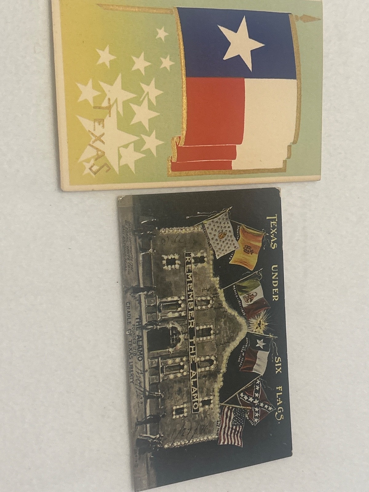 Lot of 2 Antique Texas Postcards 1907 Remember The Alamo Six Flags State Flag