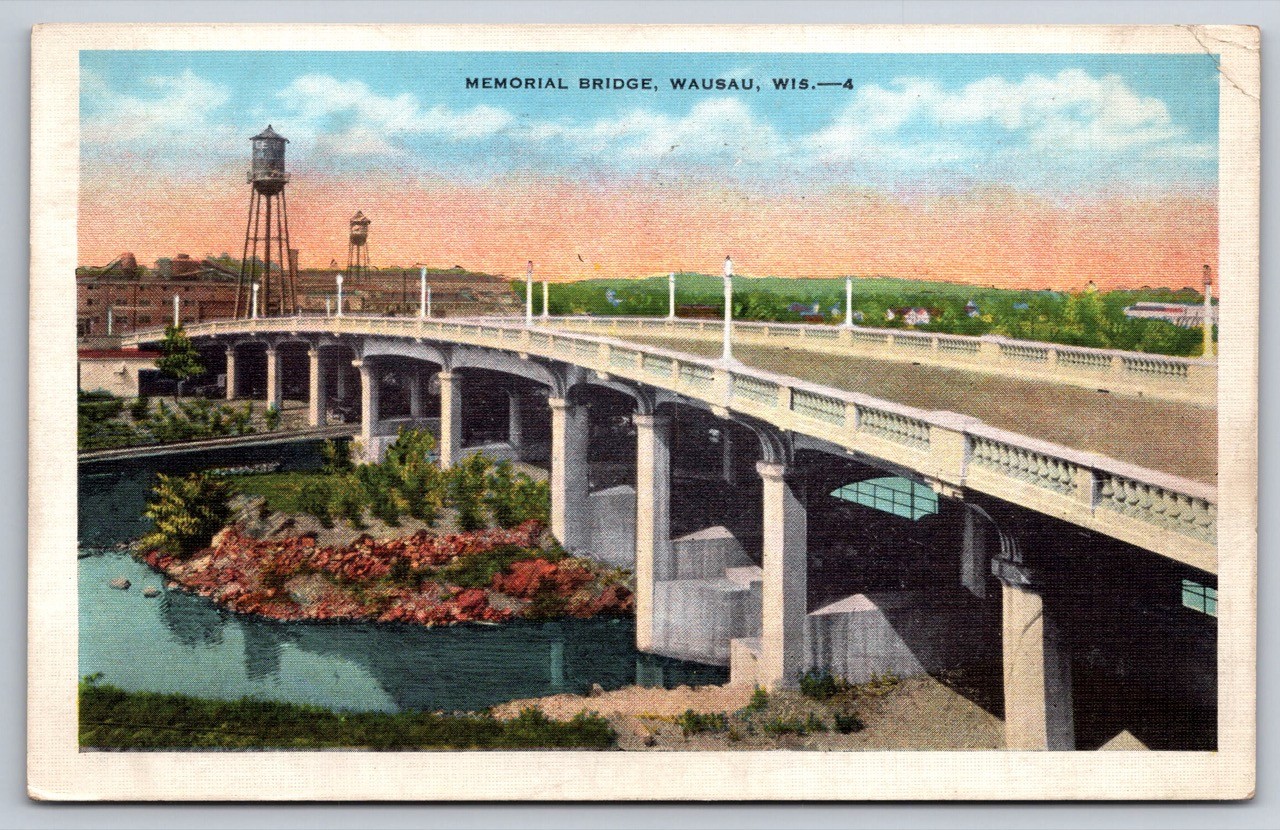 Wausau Wisconsin Postcard Memorial Bridge Water Towers USA Posted 1936