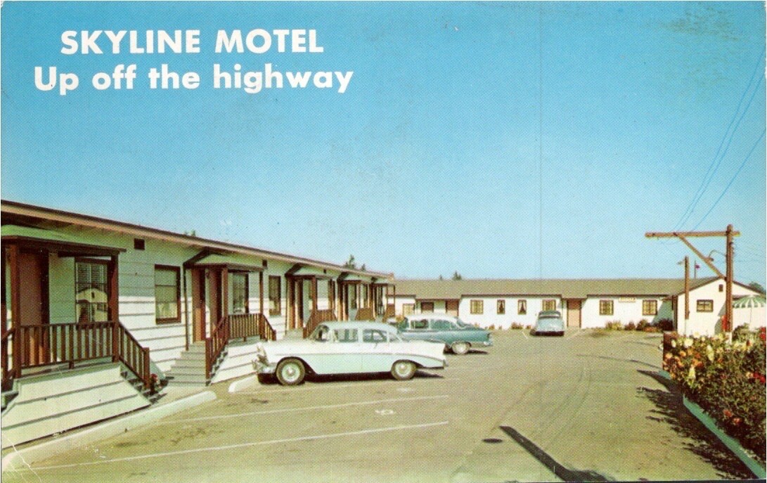 1950s SEATTLE, Washington Postcard “SKYLINE MOTEL Classic cars Hwy 99