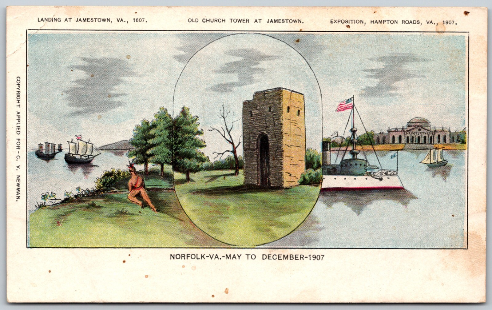 1907 Exposition Hampton Roads Virginia Church Tower Jamestown Antique Postcard