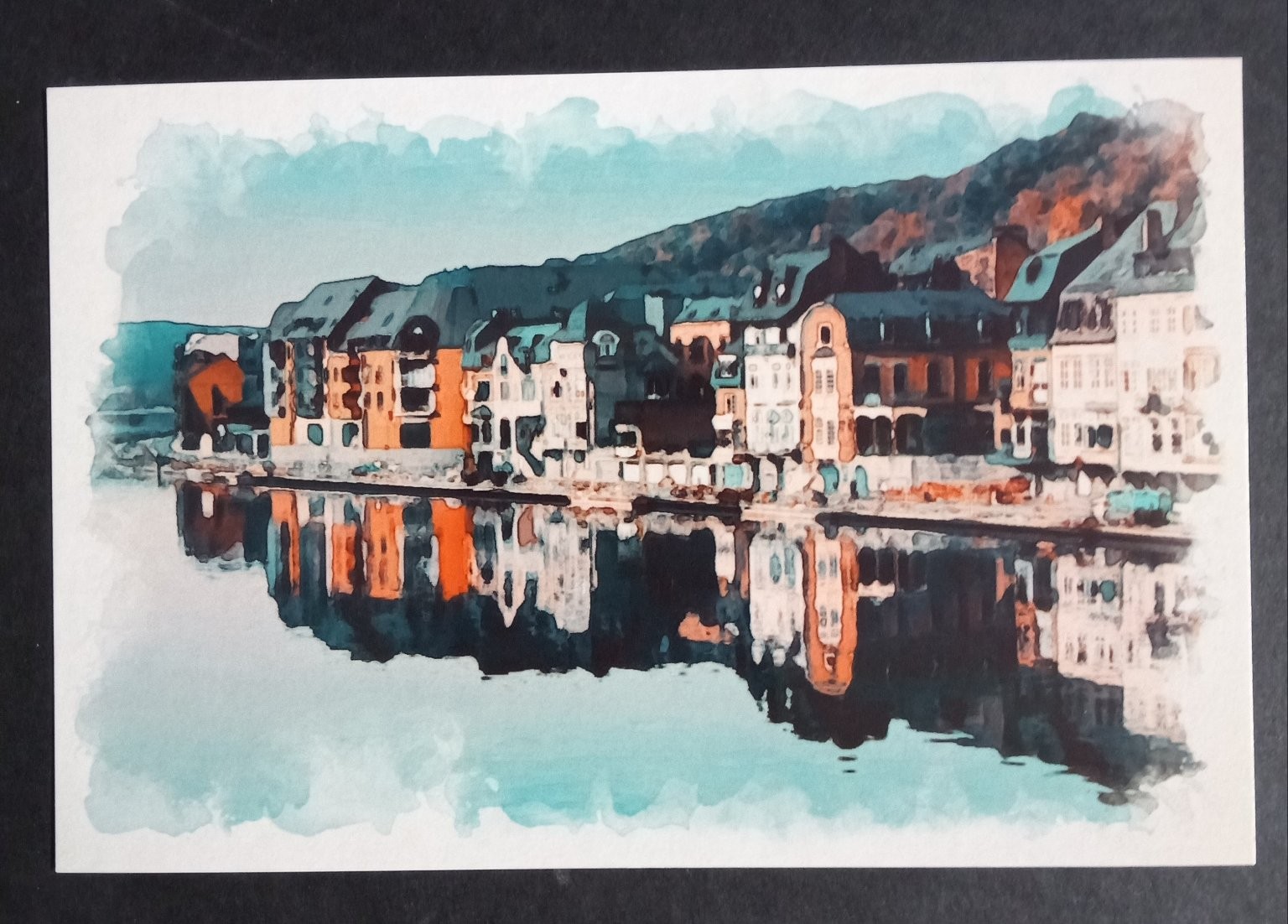 Scenic Waterfront Town Watercolor Art Postcard River Reflection Art Print