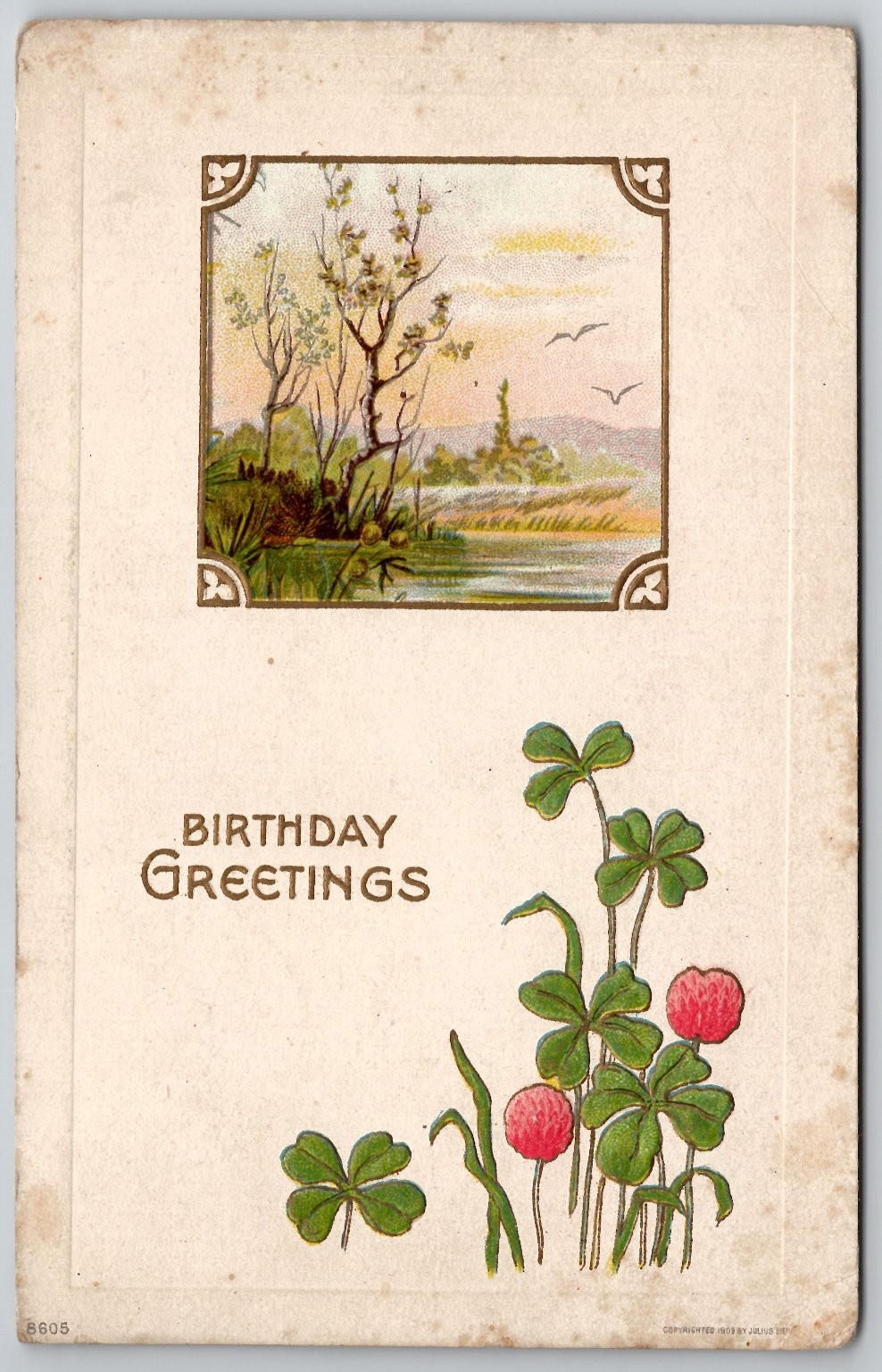 1910 Embossed Birthday Postcard Clover Landscape Julius Bier Ohio Postmark