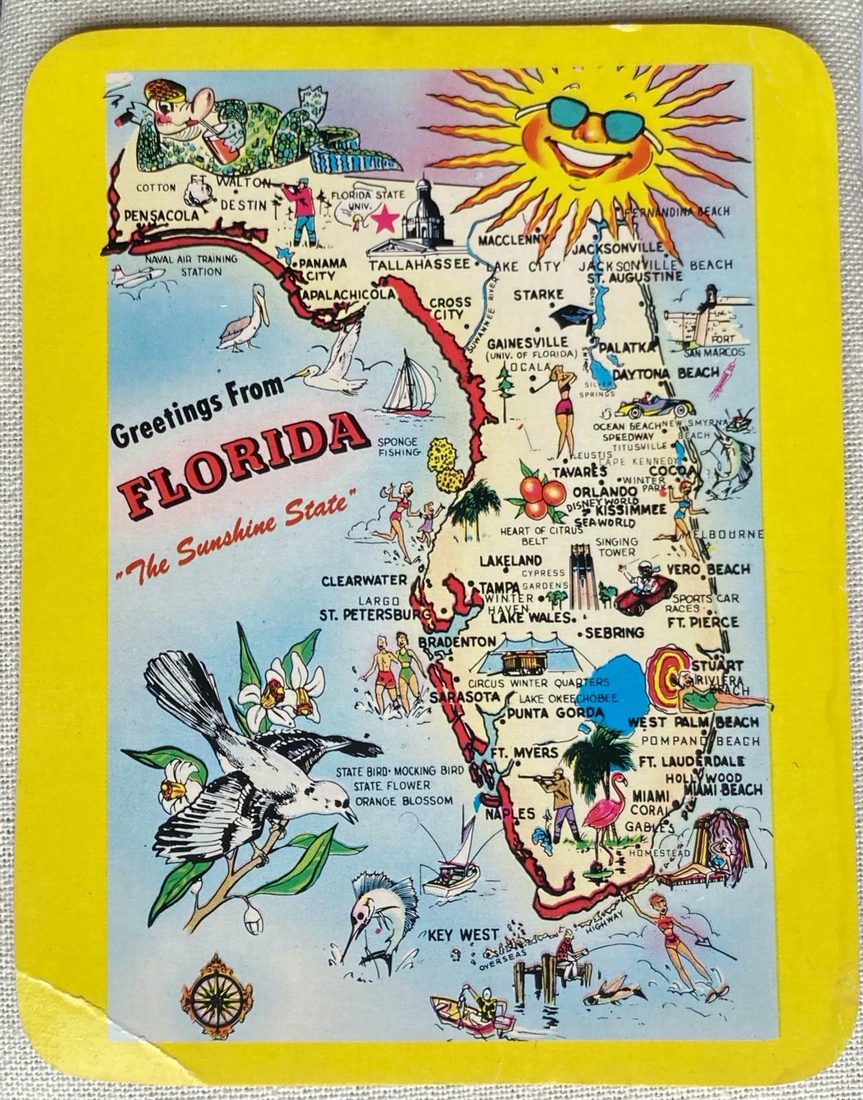 Greetings From FL Florida Landmarks Map Advertising LARGE Vtg Postcard 6.75″x5.5