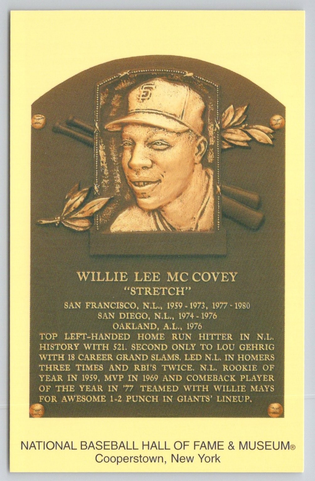 Willie McCovey Hall of Fame Plaque Postcard Cooperstown 2004 Baseball HOF