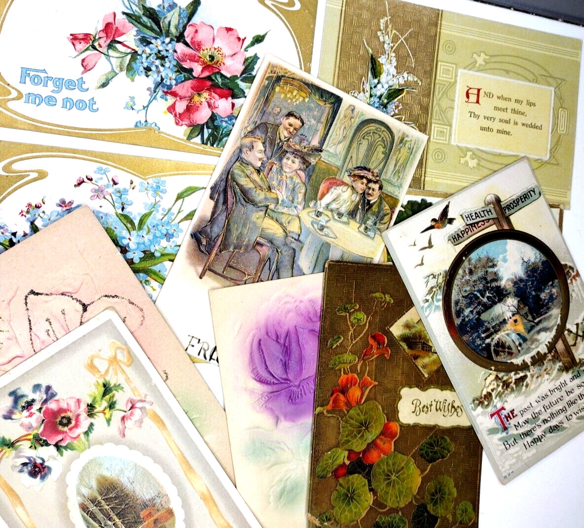 Lot of 10 Antique Postcards 1900-1919 Divided Back Era Gold Foil Embossed