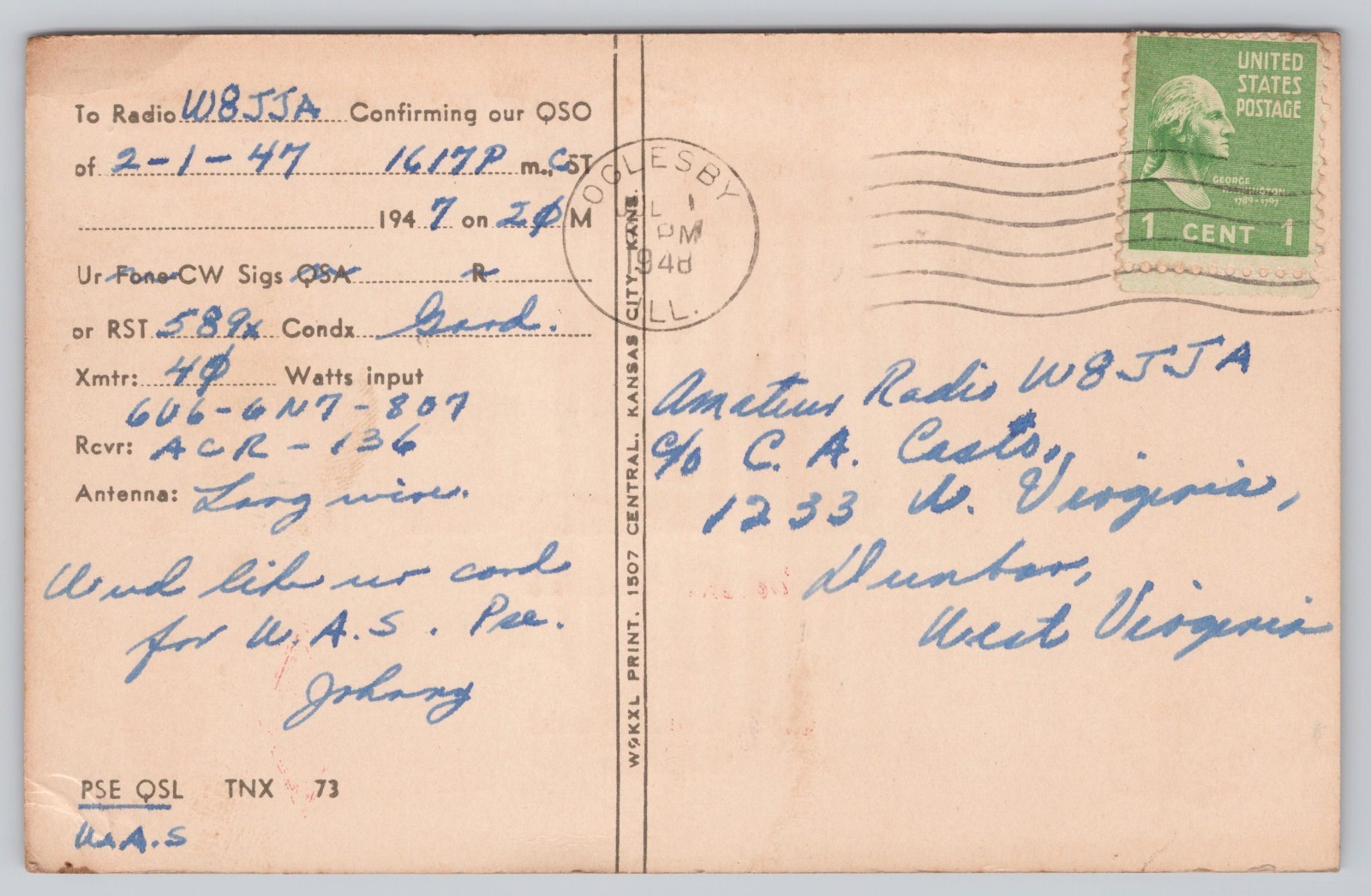 QSL Card W9ZEN Oglesby Illinois DX Ham Radio Vintage 1947 Coast Guard