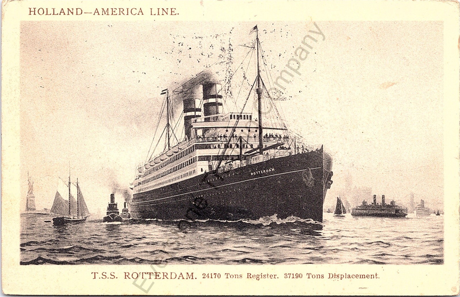 T.S.S. Rotterdam Holland-America Line Ocean Liner Postcard 1911 Statue of Libert