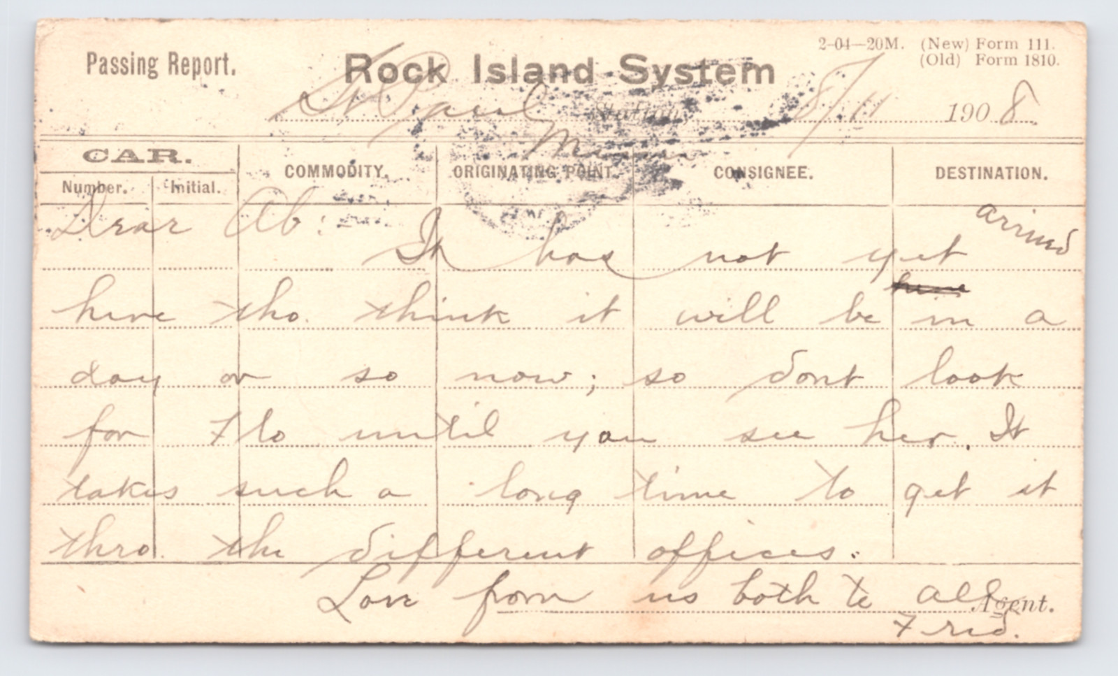 1908 Rock Island System Train CRI&P Railroad Report St Paul MN Postal Card