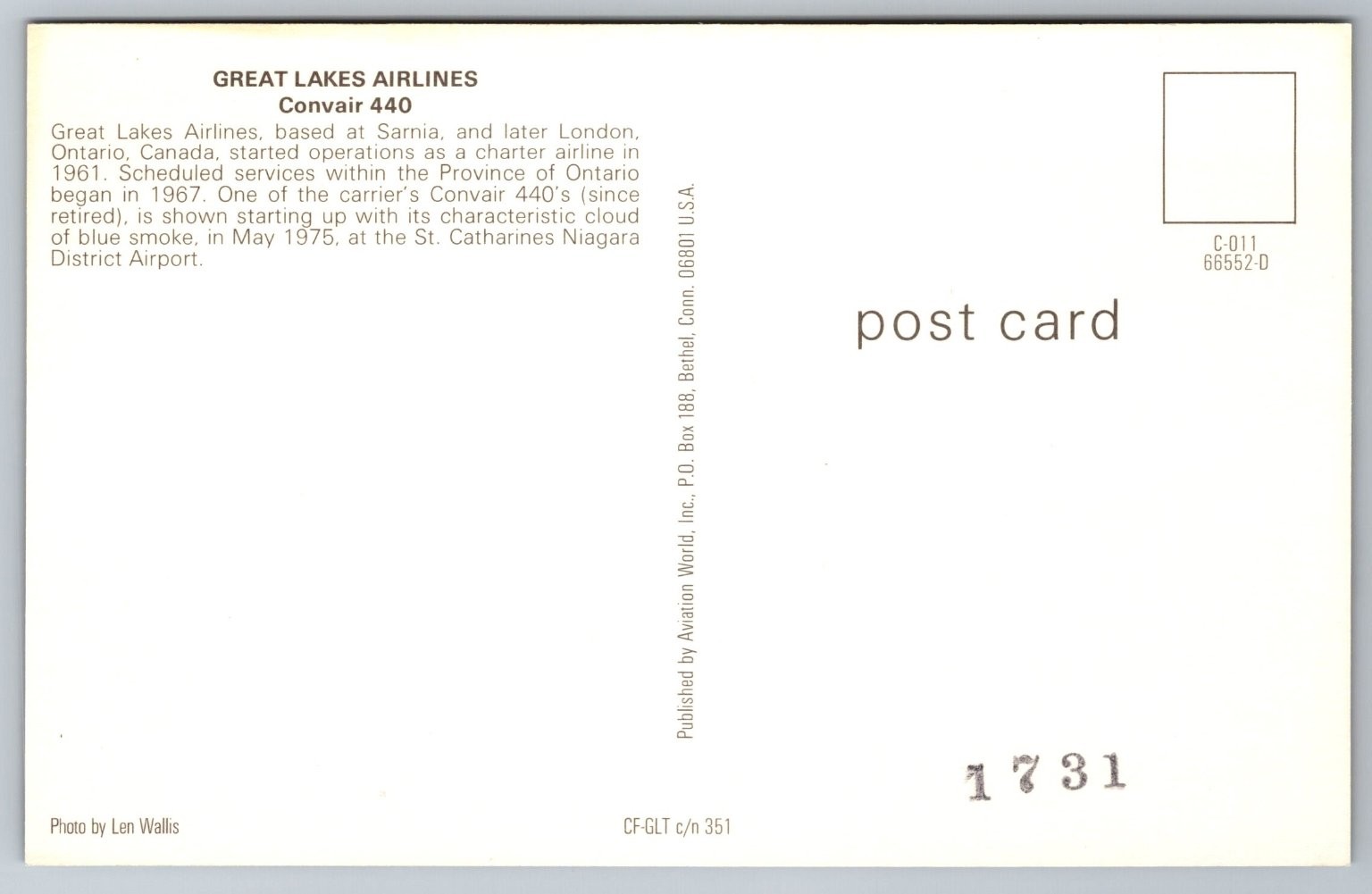 Great Lakes Airlines Convair 440 St. Catharines Airport 1975 Postcard BB433