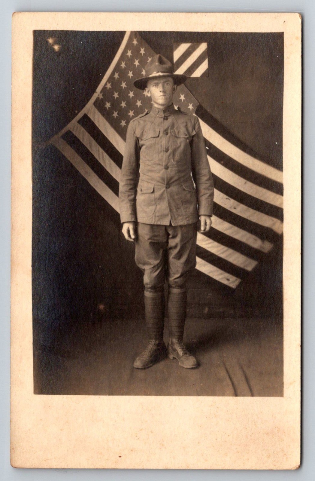 RPPC Arkansas AR North Little Rock Camp Pike Soldier US Flag Ewing Photo c. 1918