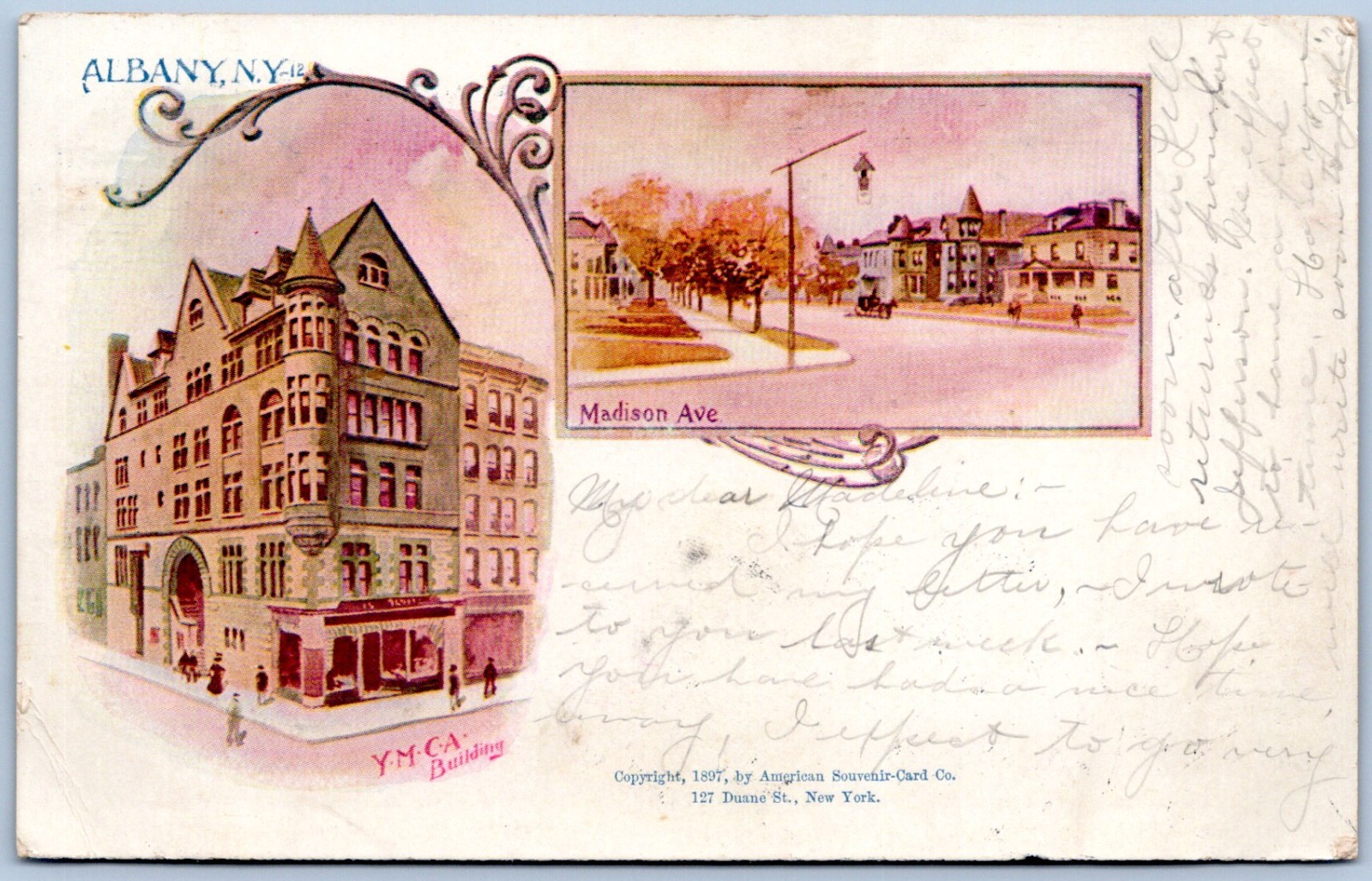 Postcard Albany NY YMCA Building Madison Ave American Souvenir Card 1897 C154