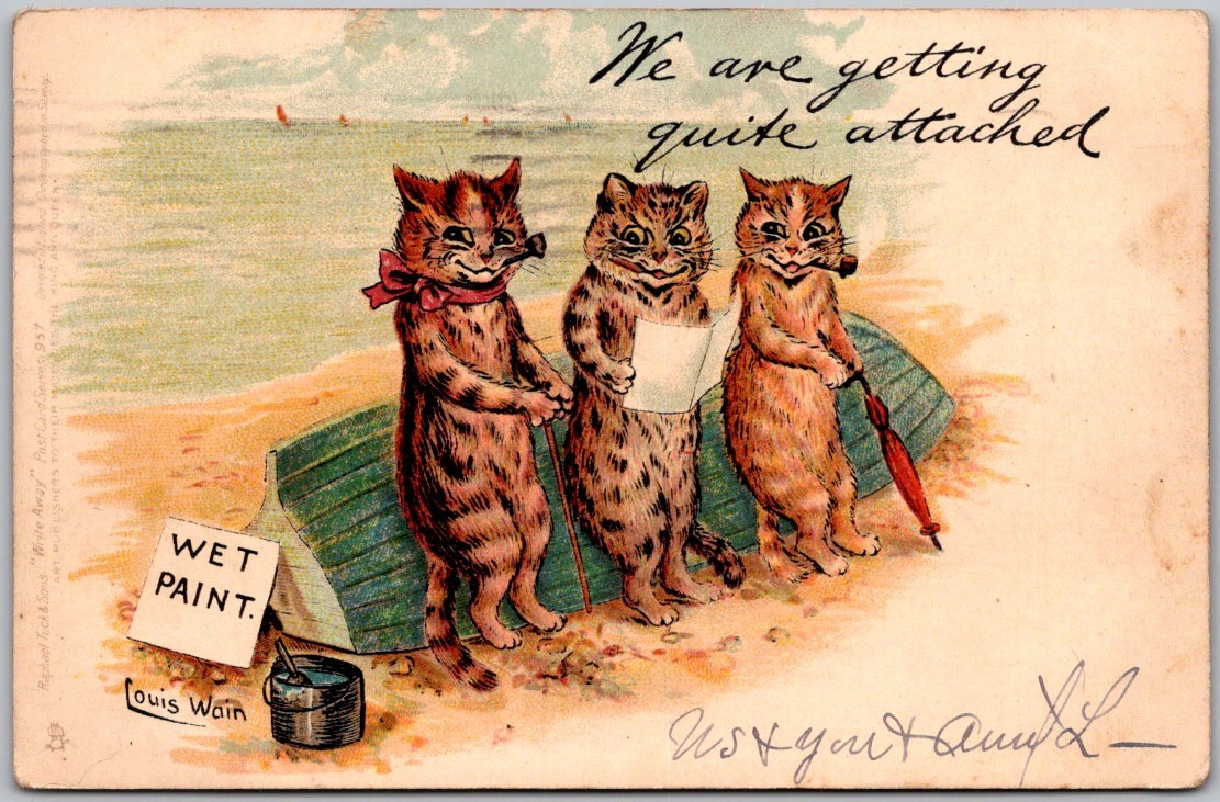 Antique 1906 Postcard LOUIS WAIN Cats on the Beach Wet Paint Boat Undivided Back