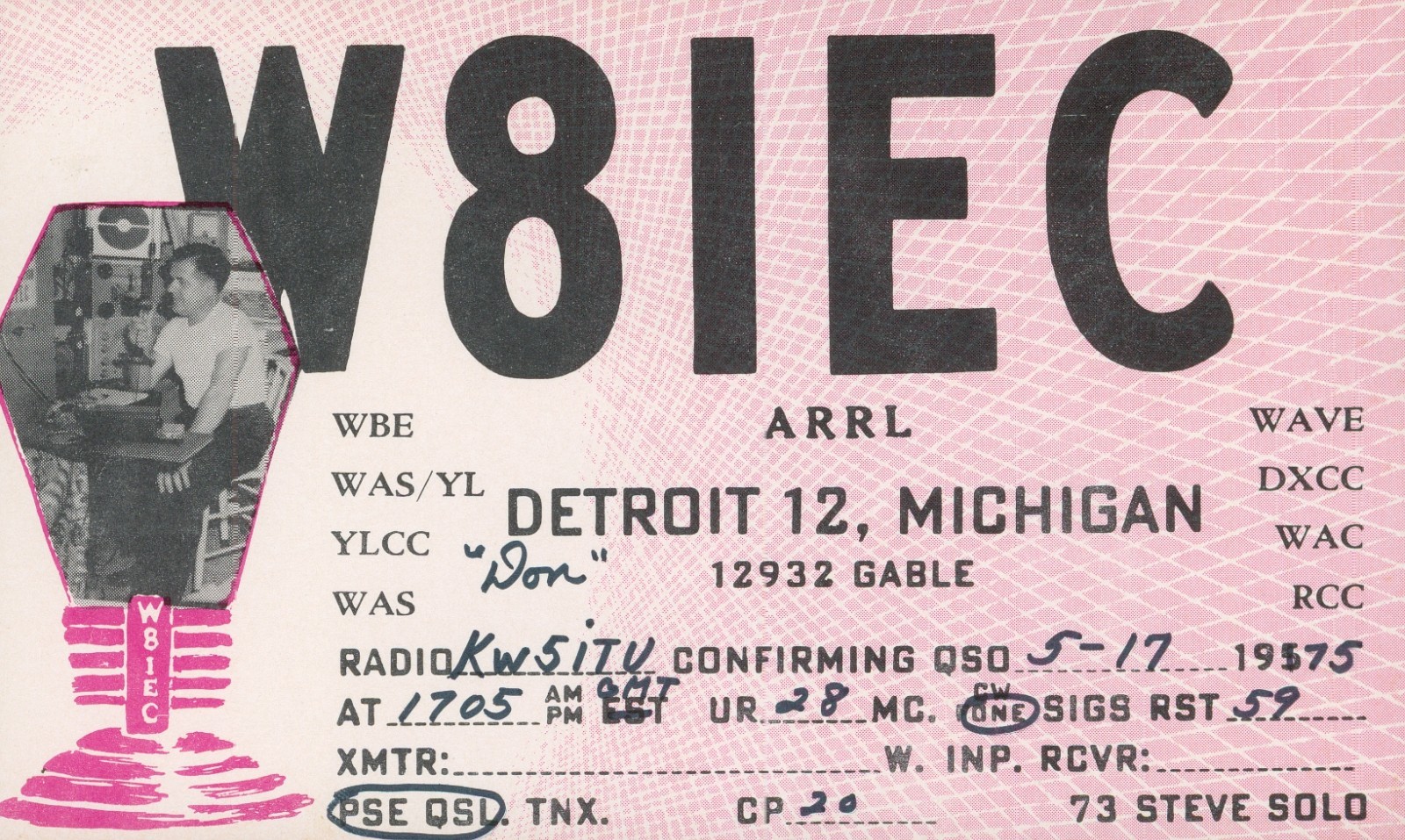 1975 QSL Card W8IEC to KW5ITU Detroit Michigan USA #1762
