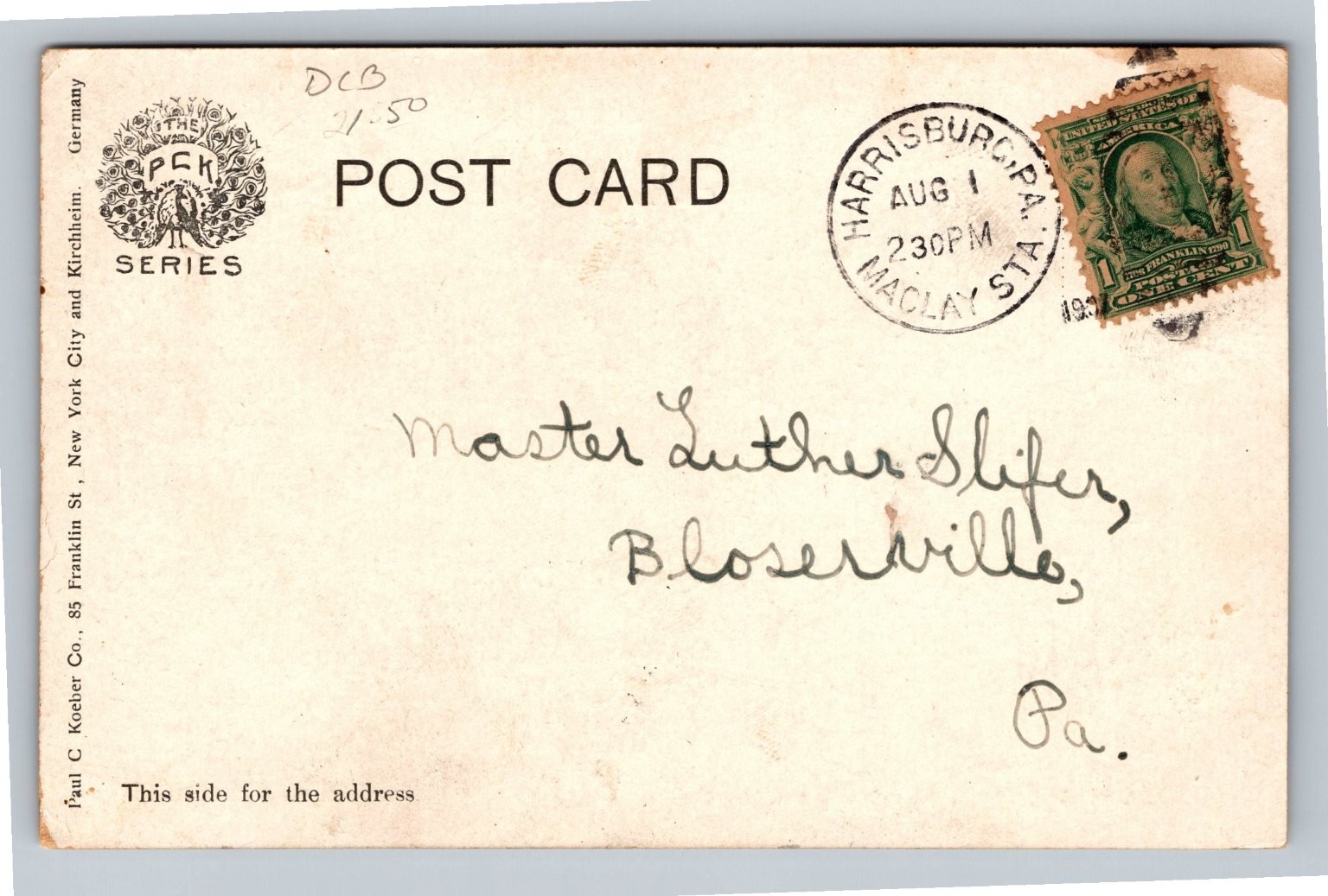 Harrisburg PA City Reservoir Postcard c1907 Paul C. Koeber Co.