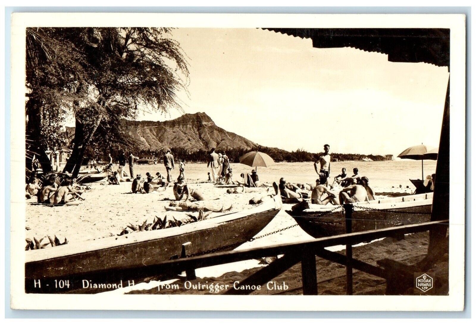 1945 Diamond Head From Outrigger Canoe Club Waikiki HI RPPC Photo Postcard