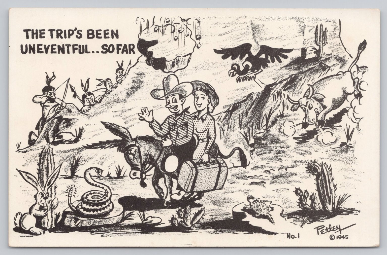 Vintage 1945 Bob Petley Cowboy Cartoon Postcard No. 1 Unposted
