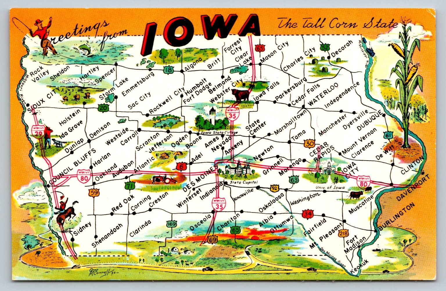 Vintage Greetings From Iowa Map Postcard Tall Corn State 1954