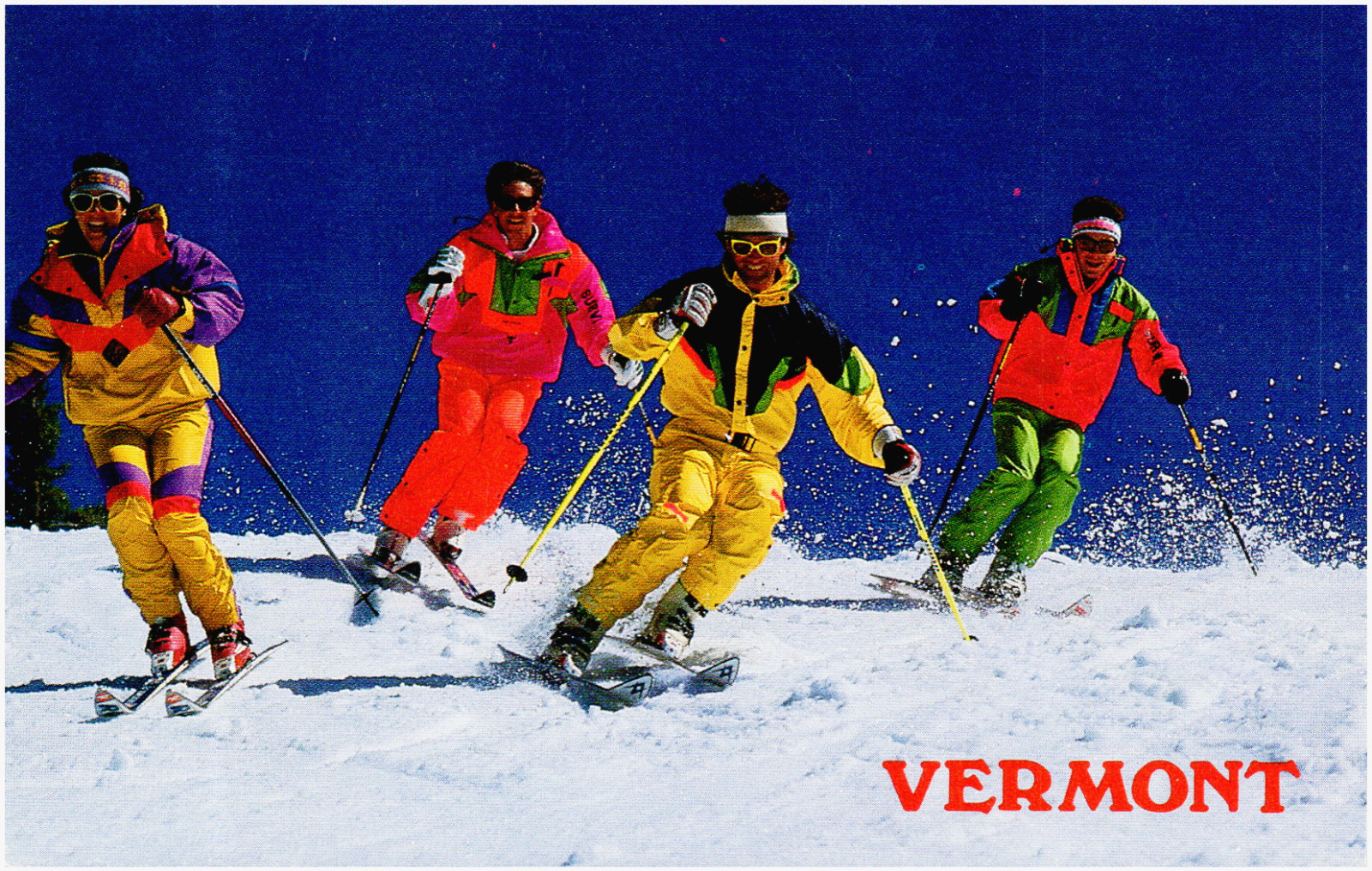 Skiing in Vermont Skiers in Colorful Outfits on Trail 1980s Chrome Postcard