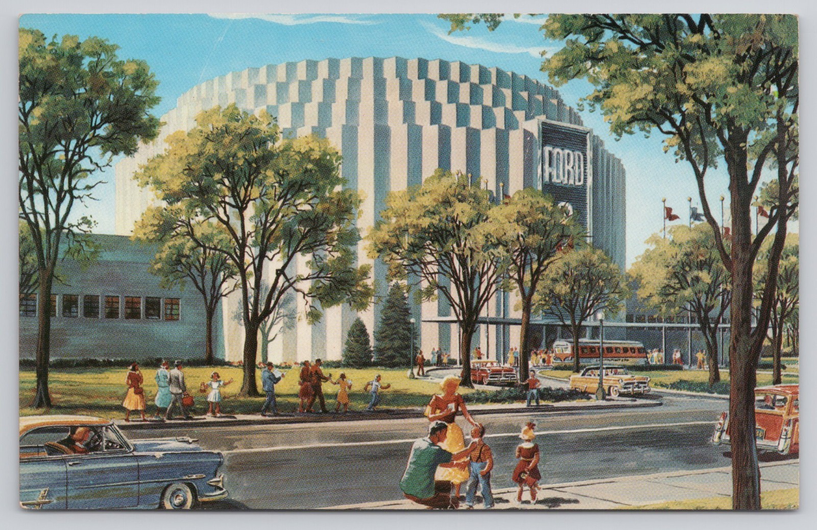 Dearborn MI Michigan Ford Rotunda 1950s Cars Tour Bus Vintage Postcard