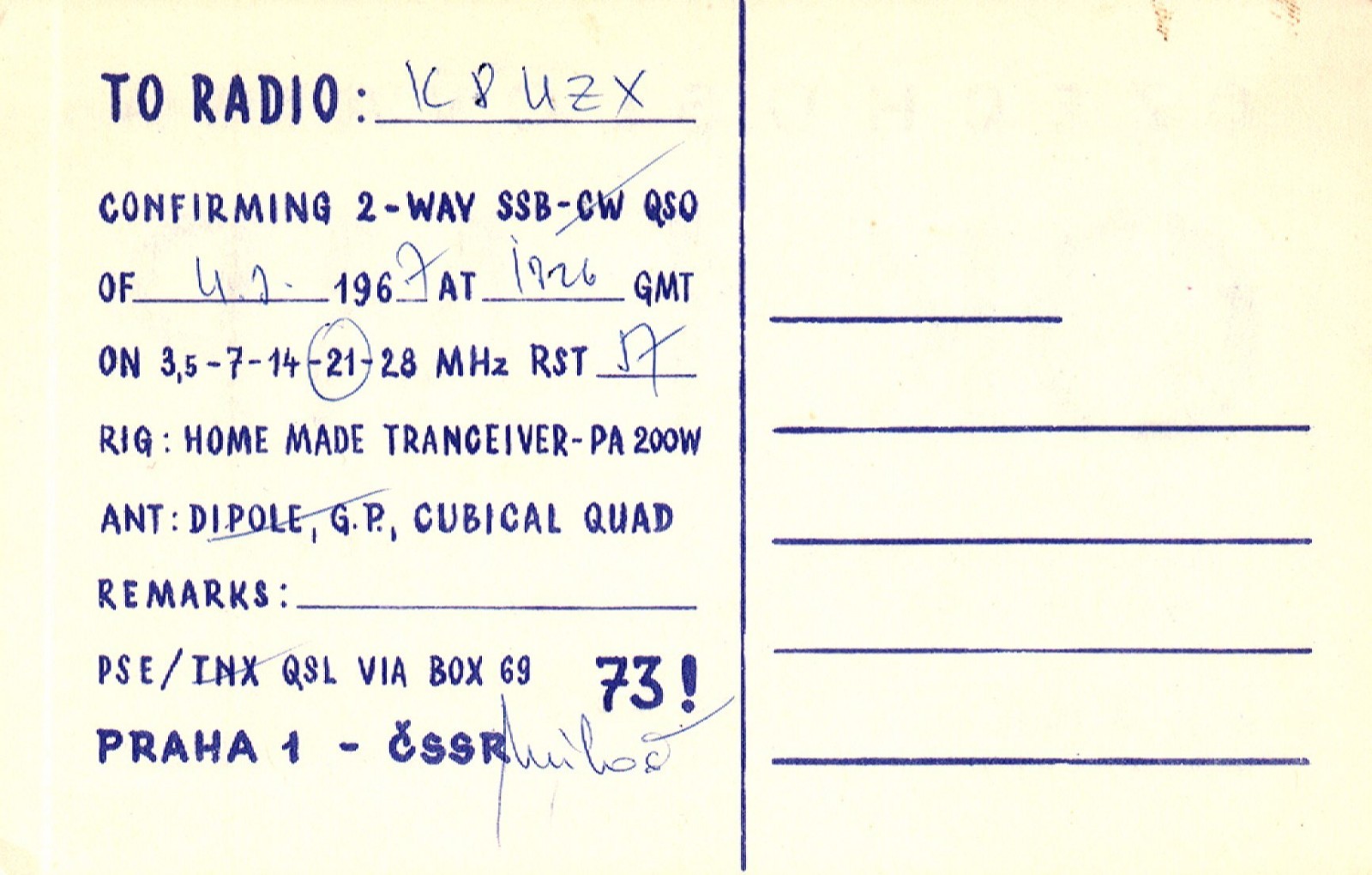 Praha Czech Republic Czechoslovakia OK1MP QSL Radio Postcard
