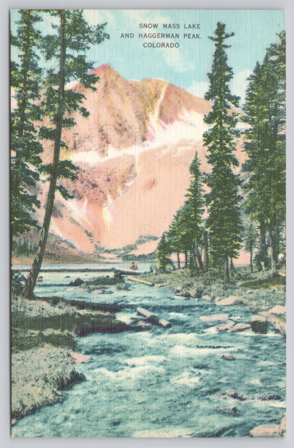 Vintage Linen Postcard Snow Mass Lake Haggerman Peak Colorado Mountains River