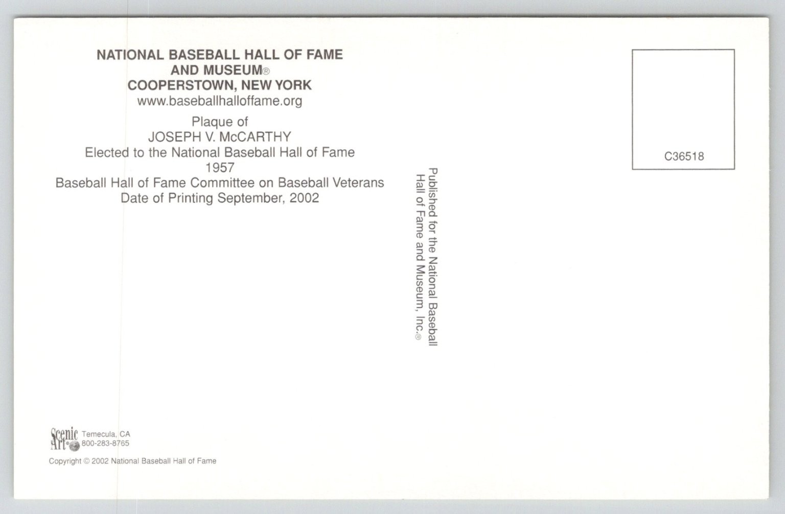 Joseph McCarthy Baseball Hall of Fame Plaque Postcard 2002 Cooperstown