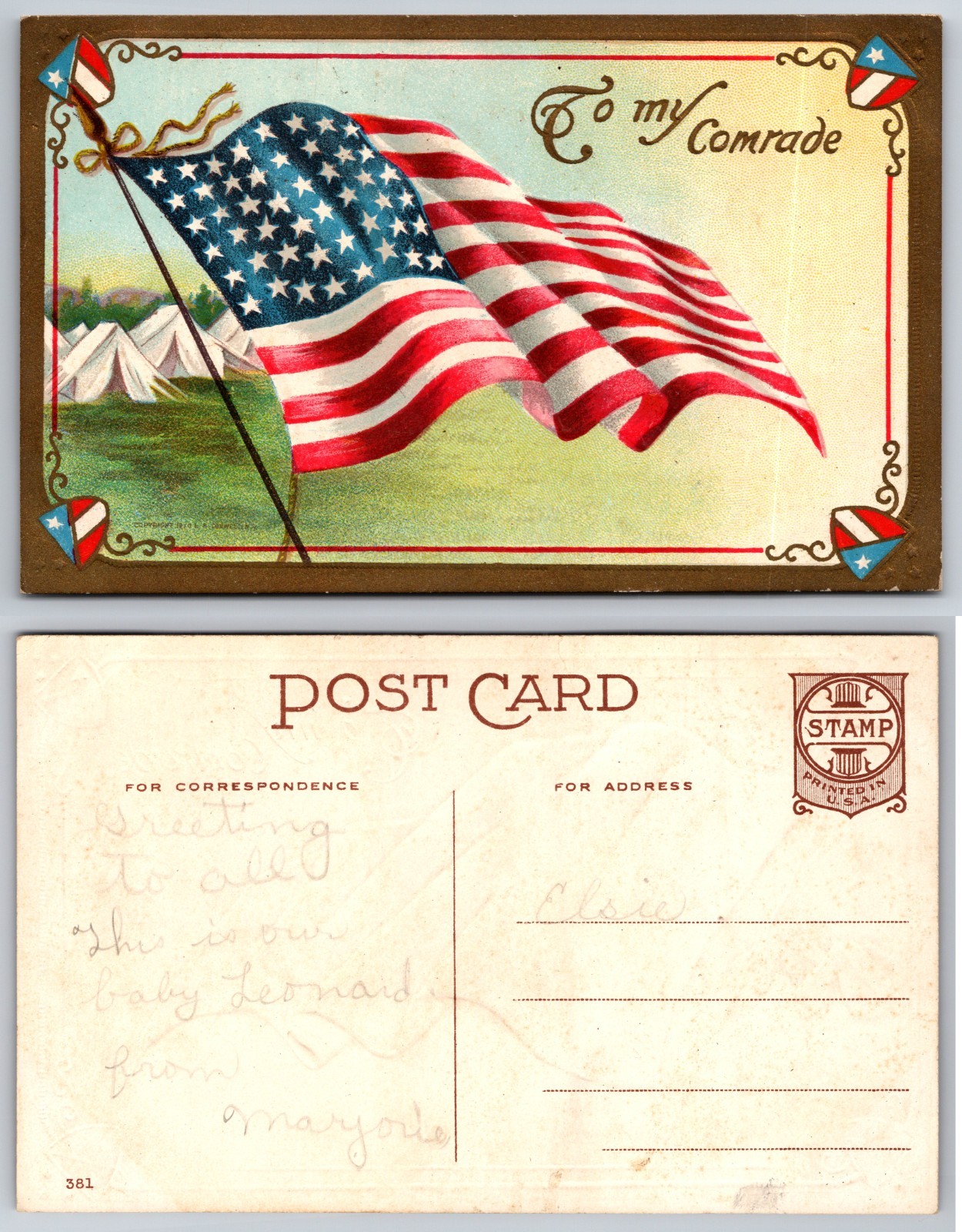 American Flag Military Camp To My Comrade Postcard