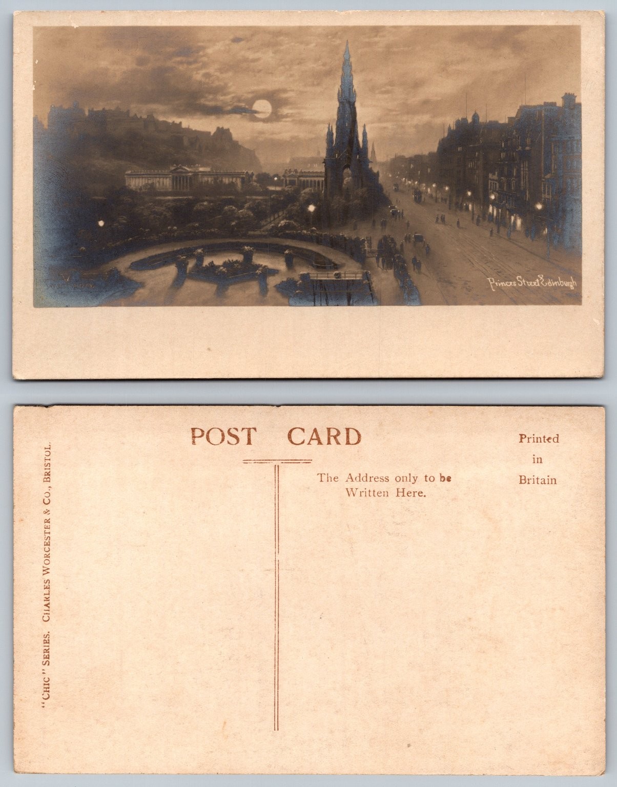 Moonlight Princes Street Edinburgh Postcard Scott Monument Castle