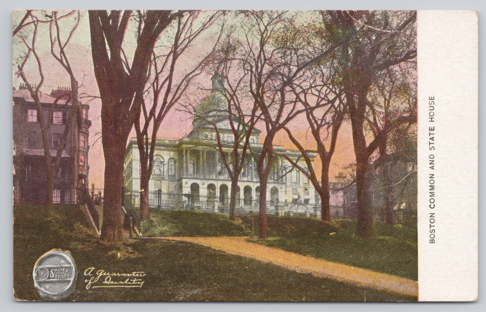 Boston Common and State House CH Co Seal Shoes That Satisfy Advertising Postcard