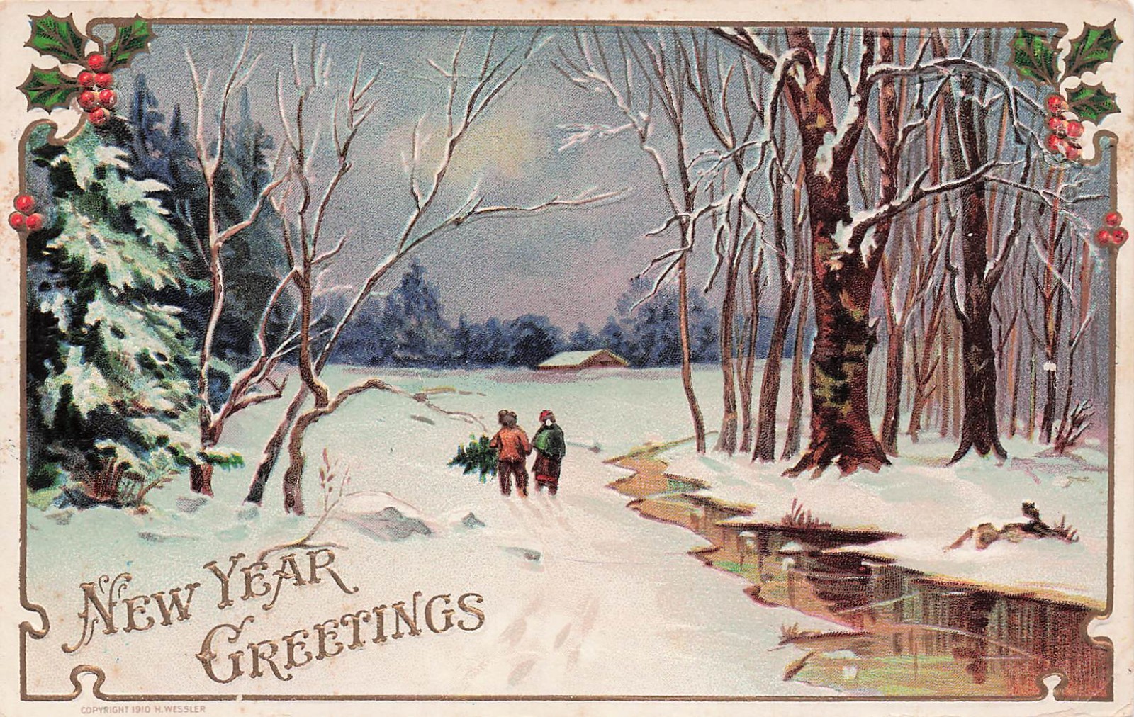 Christmas Card Full Moon Moonlight Deer Forest Stream Night Vtg Postcard I44