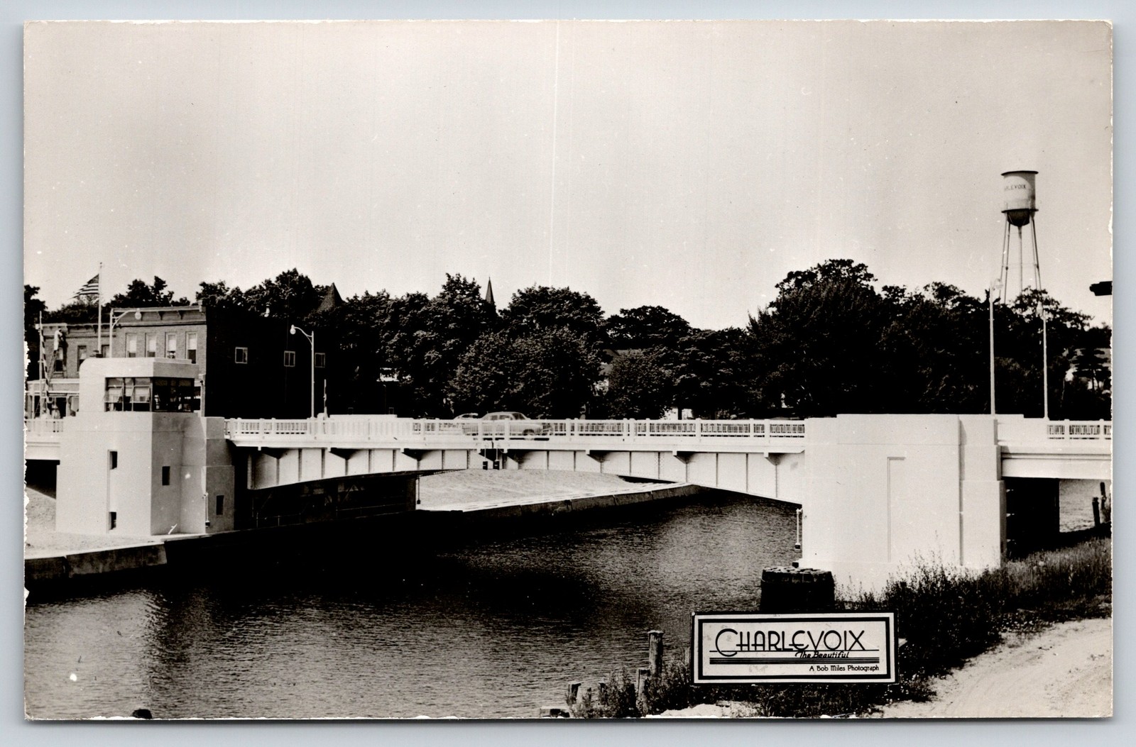 Charlevoix Michigan~US 31 Double Leaf Bascule Bridge~Water Tower~1950s RPPC
