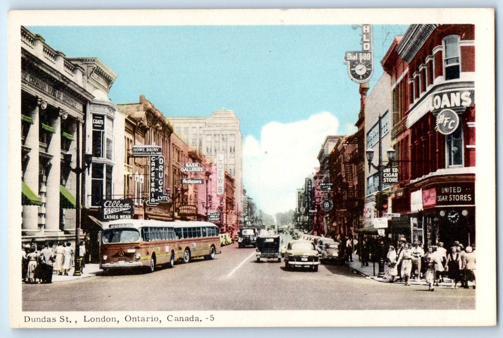 1940 London Ontario Canada Vintage Postcard Dundas St. Store Shop Bus Building