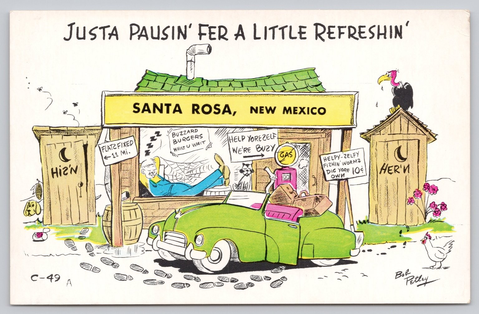 Vintage Bob Petley LAFF-A-CARD Santa Rosa, New Mexico Cartoon Outhouse Postcard