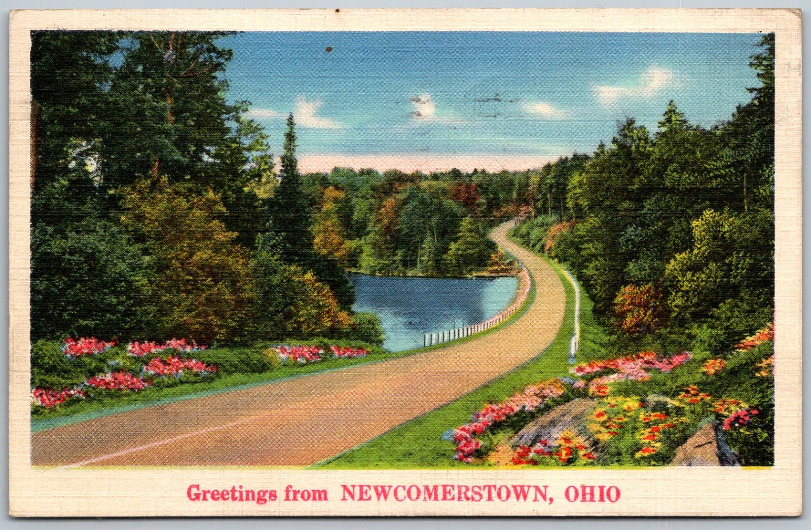 Newcomerstown Ohio 1939 Greetings Postcard Road Passing Lake