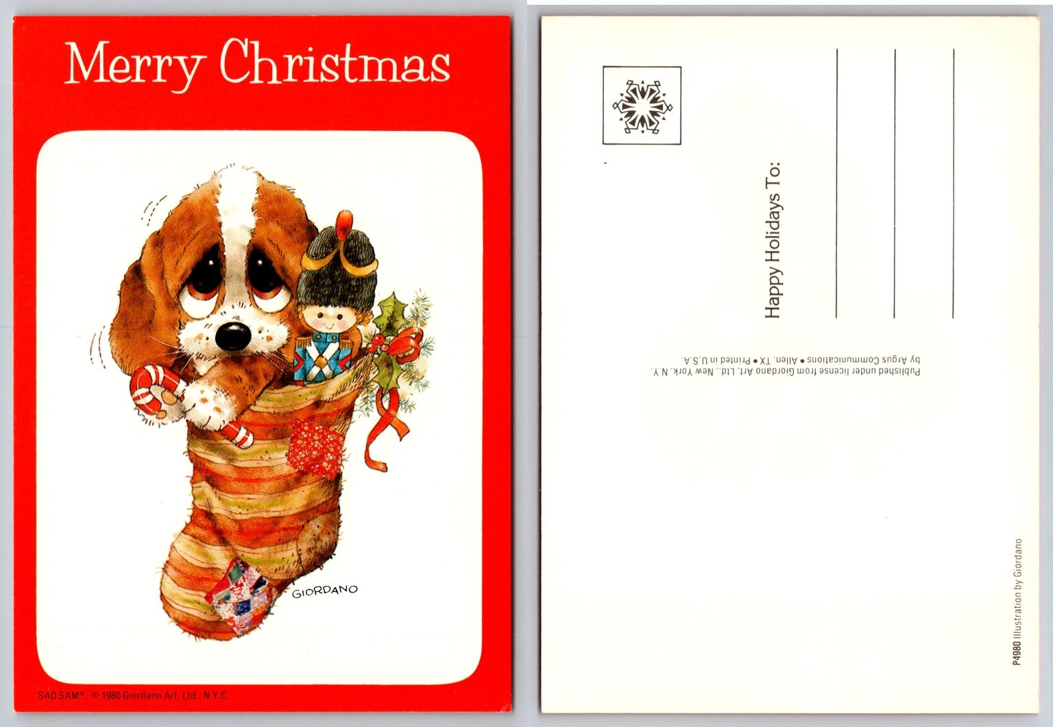 Vintage Sad Sam Dog Christmas Postcard 1980 Giordano Art Argus Communications