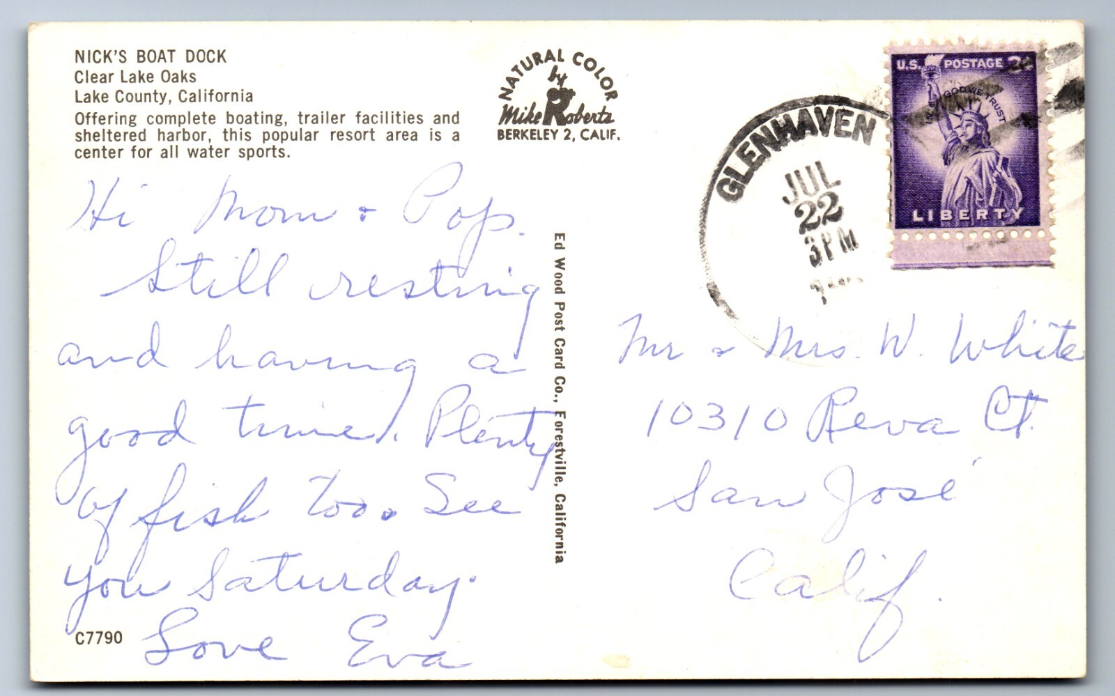C.1965 CLEAR LAKE OAKS, CA LAKE COUNTY, CALIFORNIA NICK’S BOAT DOCK Postcard P51