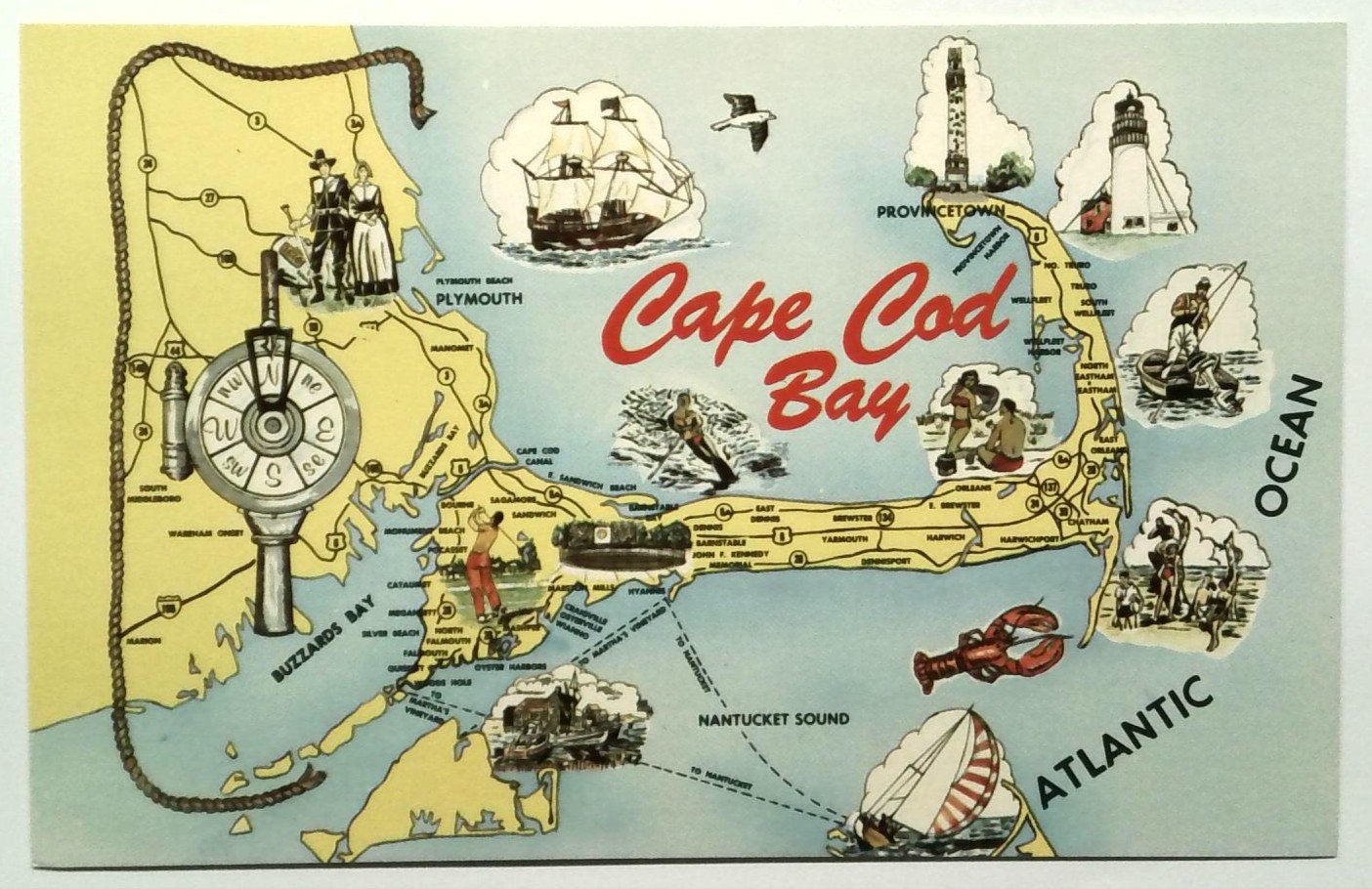 Vintage 1975 Cape Cod Bay Illustrated Map Postcard by Dexter Press