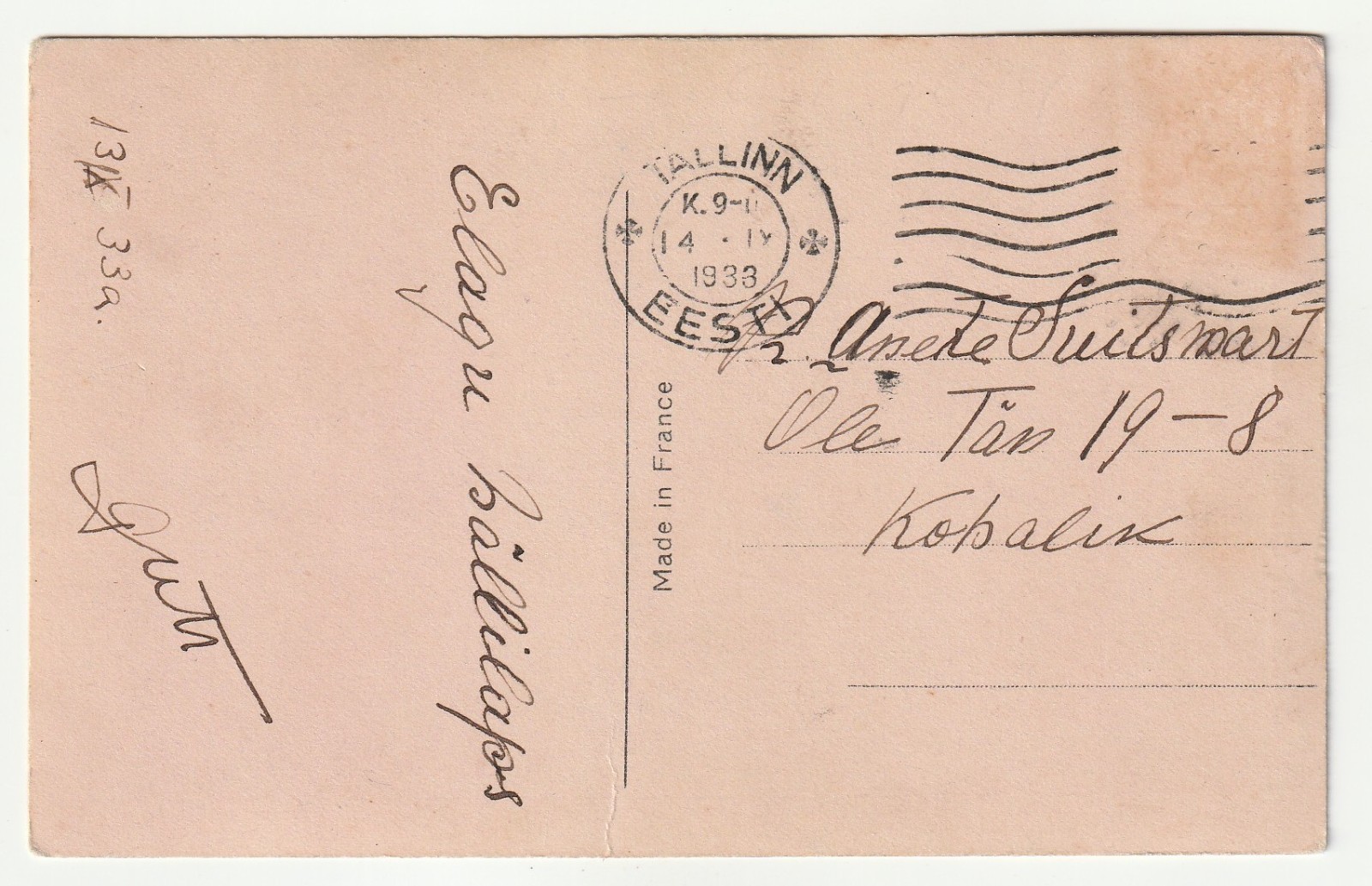 1933 PM TINTED ROMANTIC POSTCARD – TALLINN ESTONIA – A VOW OF SADNESS