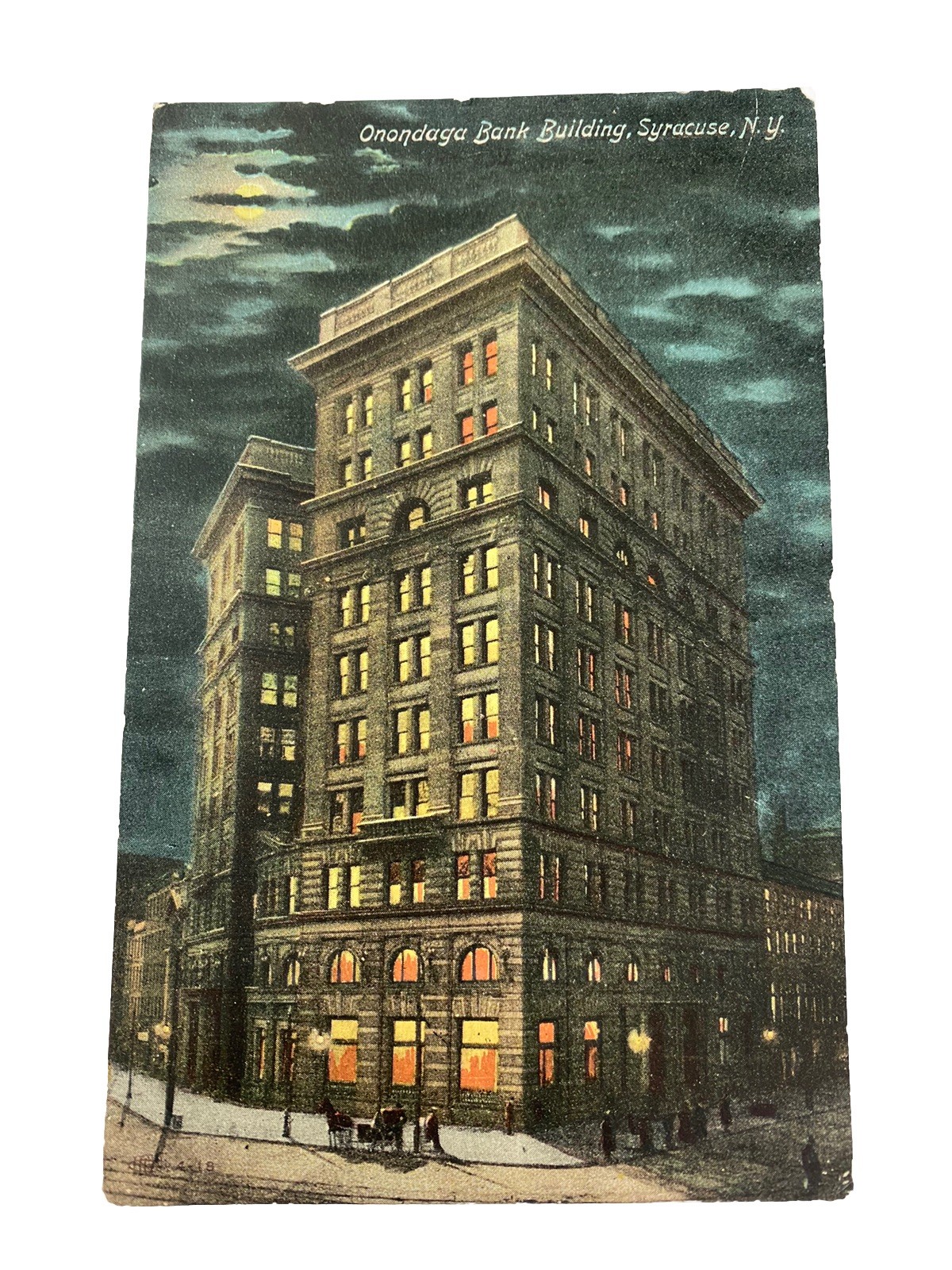 Vintage 1910s Postcard ~ Onondaga Bank Building Night View~ Syracuse New York NY