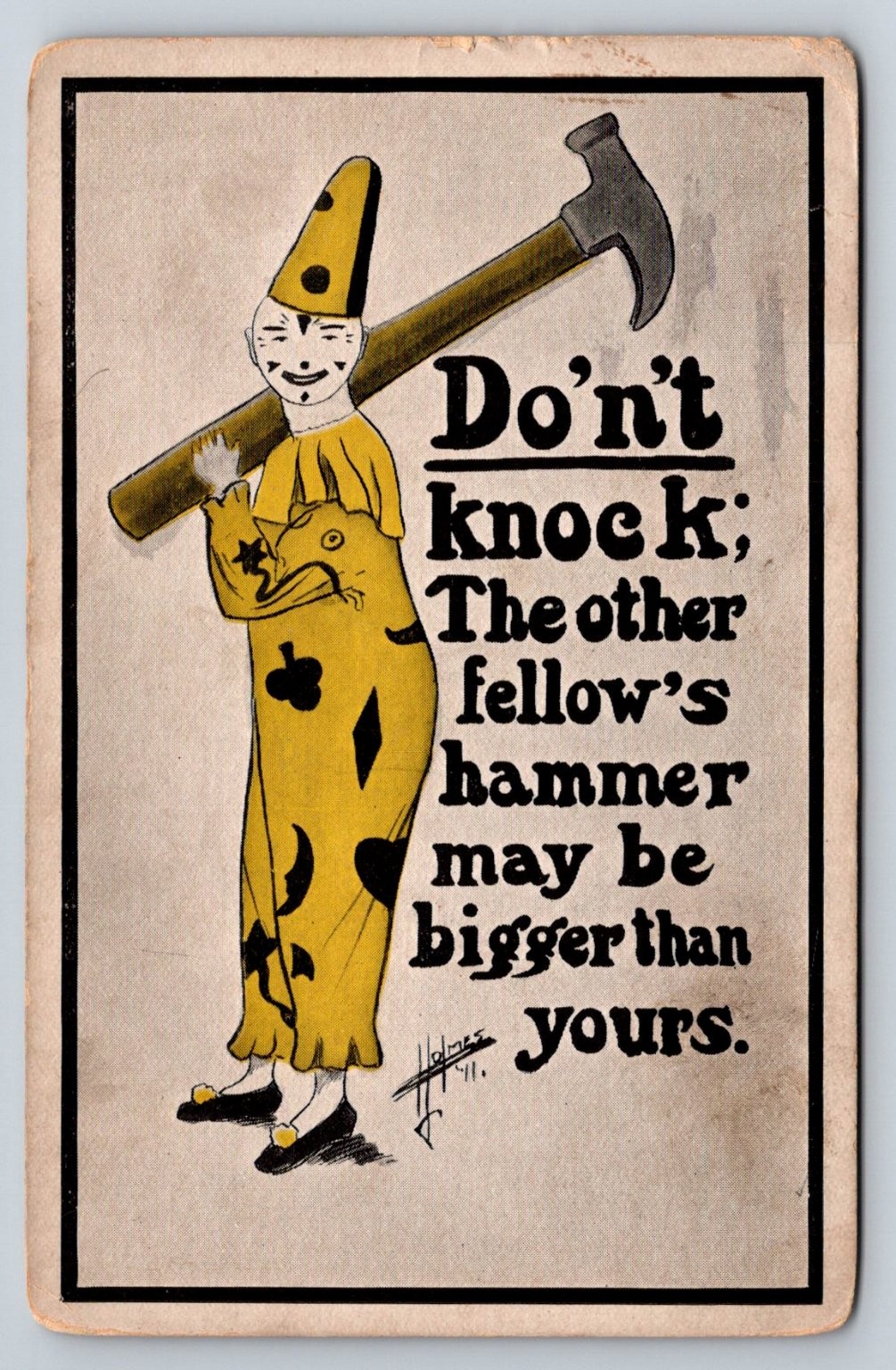 Vintage Early 1900s Humorous Clown Jester “Don’t Knock” Hammer Postcard