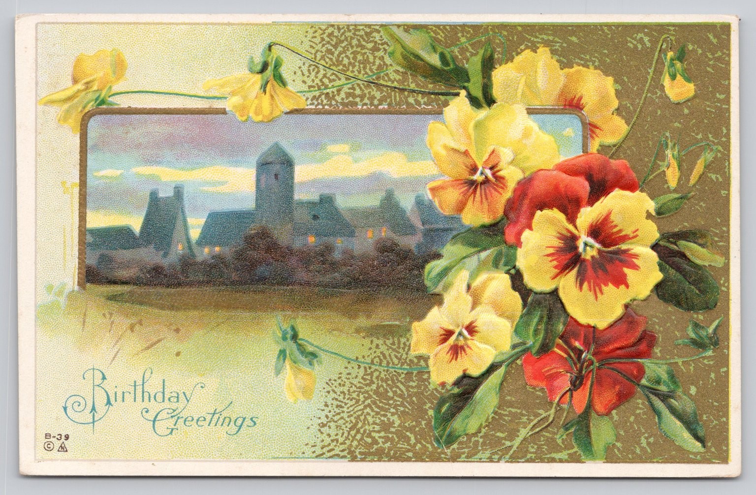 Vintage Birthday Greetings Postcard 1918 Pansies Embossed Lithograph Art