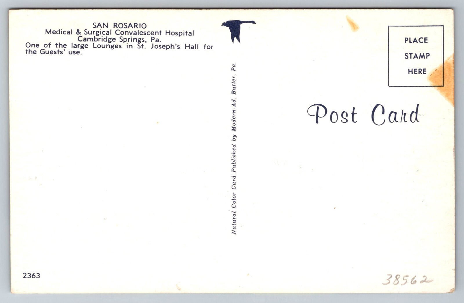 Vintage Postcard PA Cambridge Springs San Rosario Convalescent Hospital -2338