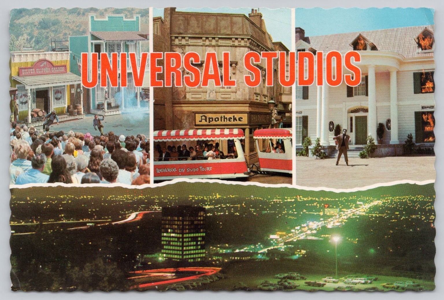 1972 Universal Studios Hollywood Montage Postcard San Fernando Valley Night View