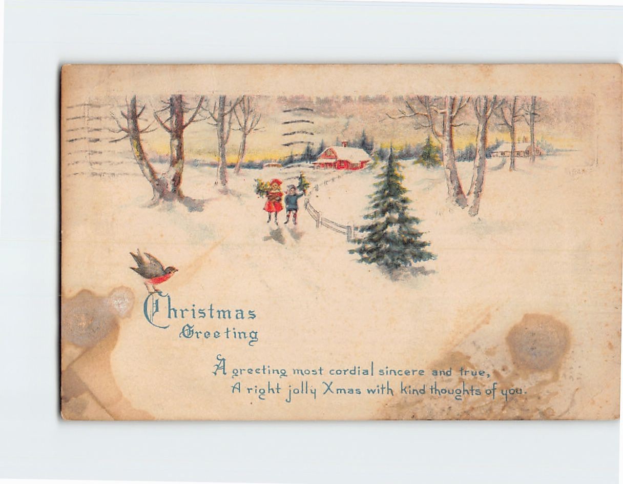 Postcard Christmas Greeting Card with Poem and Christmas Snow Scenery Art Print