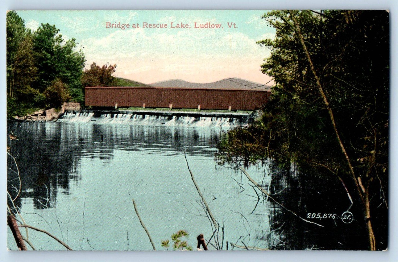 c1910 Ludlow Vermont VT Vintage Postcard Bridge Rescue Lake View Forest Trees