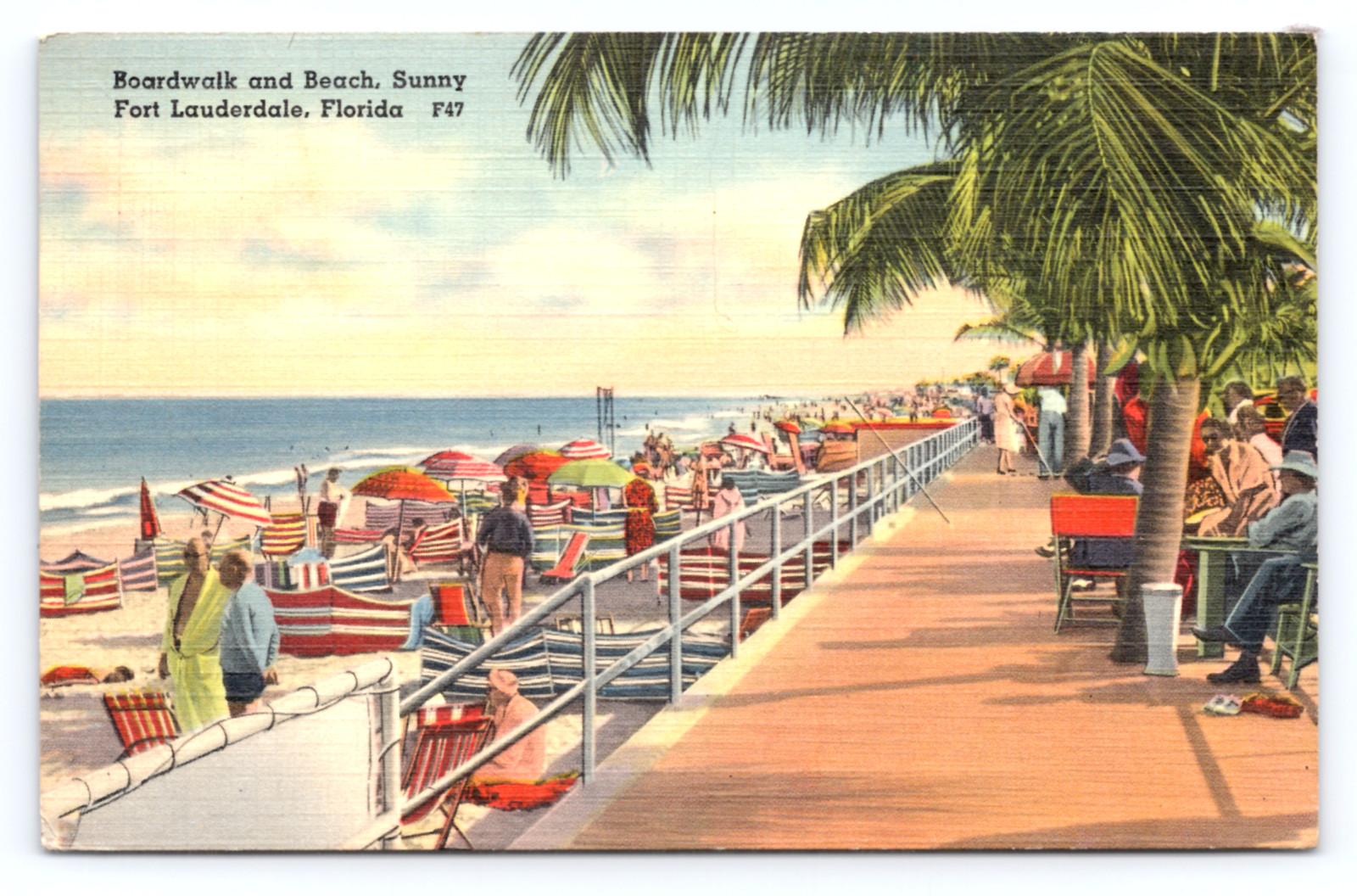 c1943 Boardwalk & Beach Postcard Fort Lauderdale FL Beach Scene Umbrellas