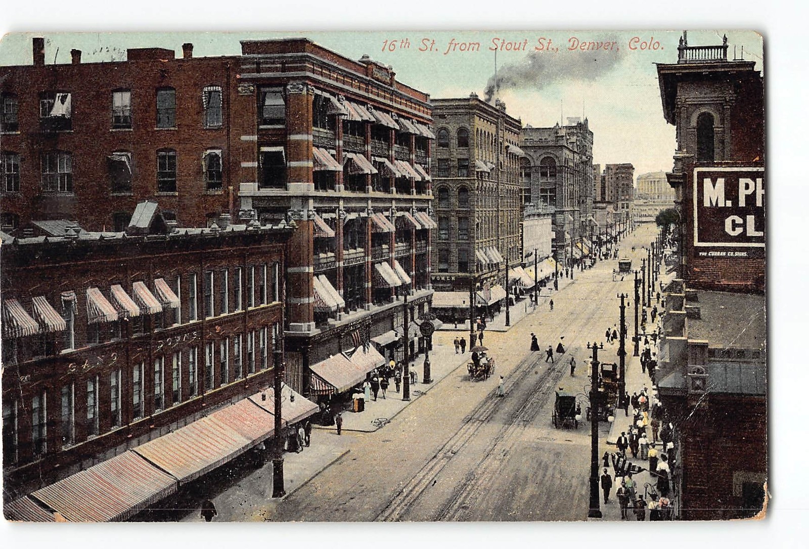 Denver Colorado CO Postcard 1907-1915 16th St. From Stout St. Street View