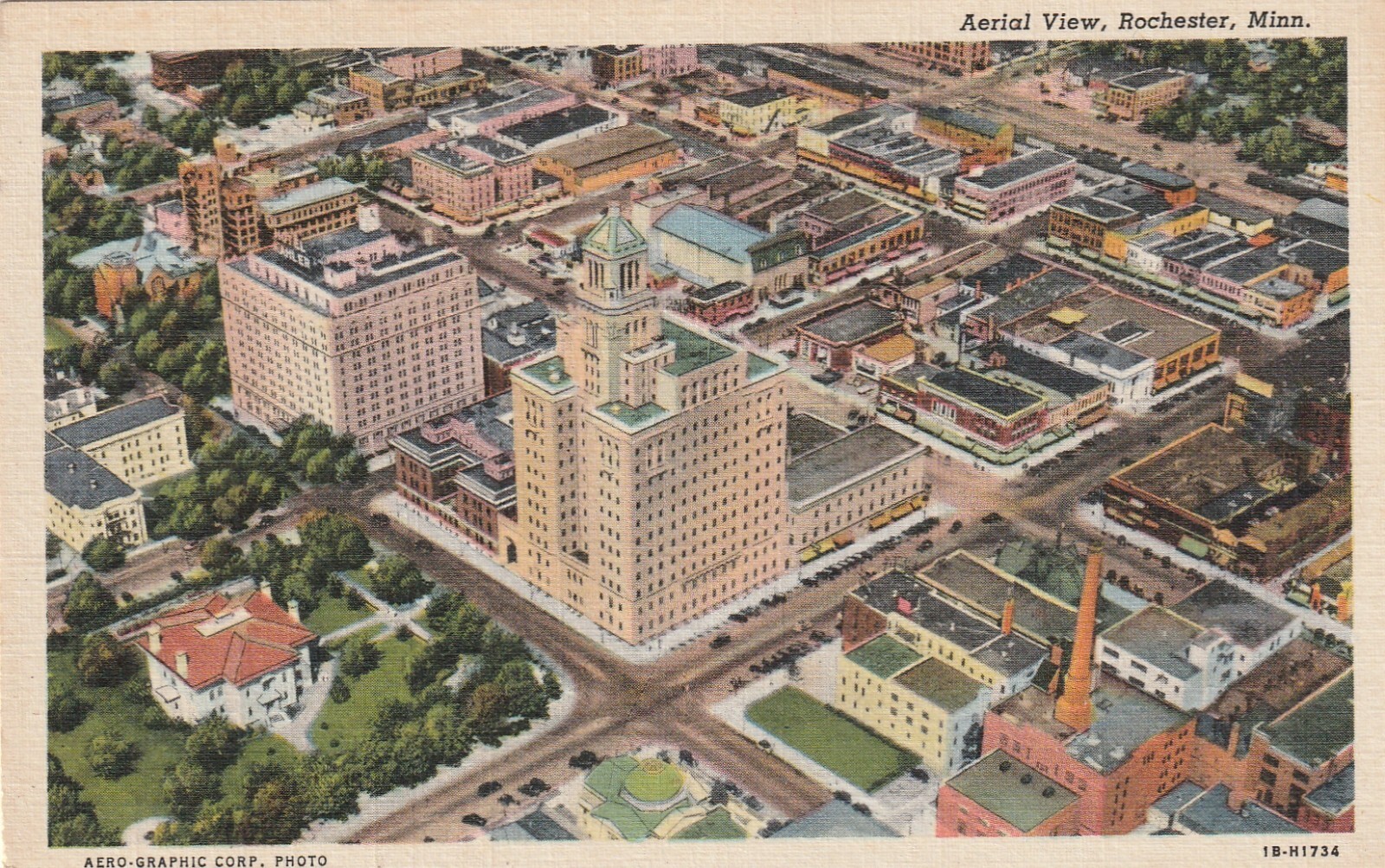 Rochester Minnesota Aerial View Downtown Vintage Linen Postcard