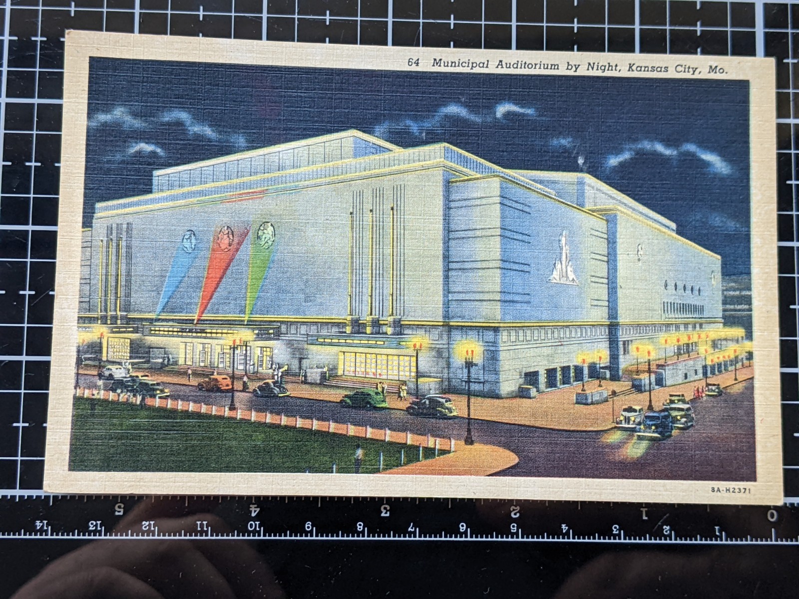 Vintage Municipal auditorium at night, Kansas City Missouri postcard