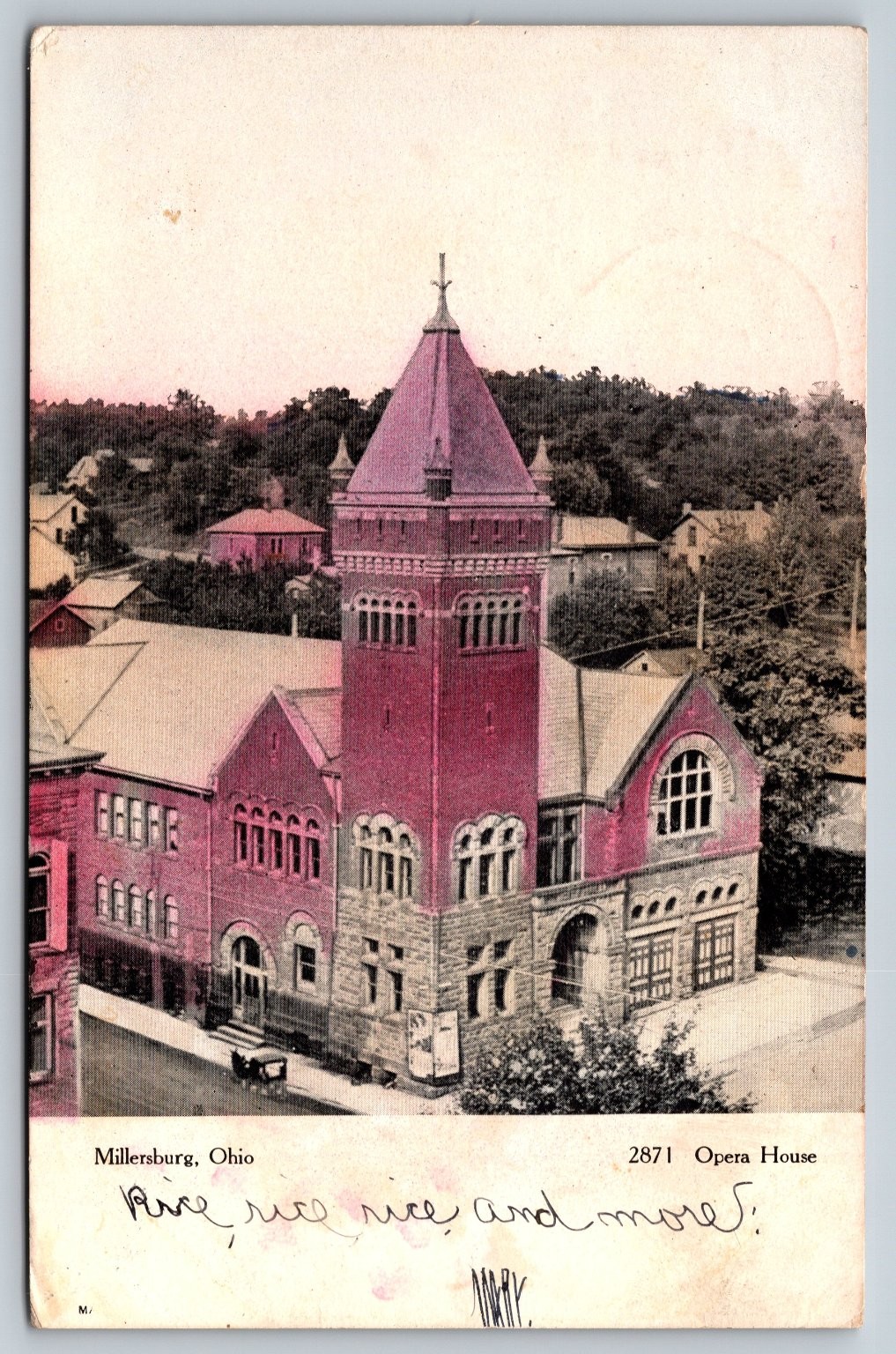 Opera House Millersburg Ohio Postcard 1907 Birds Eye View Horse Buggy Demo 1950s